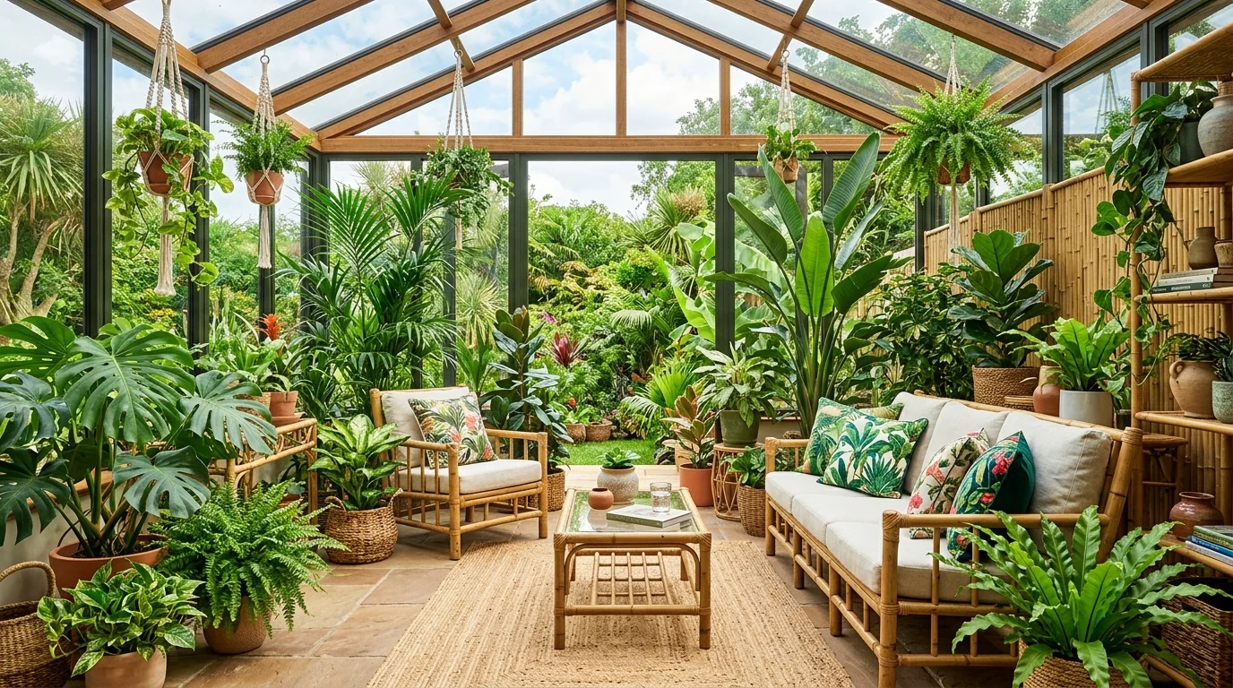 Tropical-inspired sunroom with lush plants, bamboo furniture, airy glass enclosure, and natural textures.