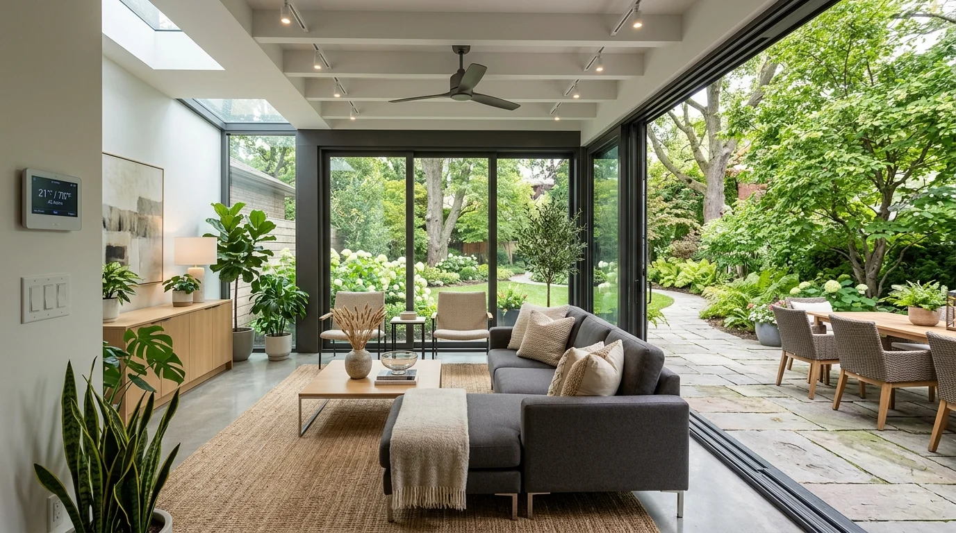 Contemporary four-season sunroom with sliding glass doors, neutral palette, sleek furniture, and integrated climate control.