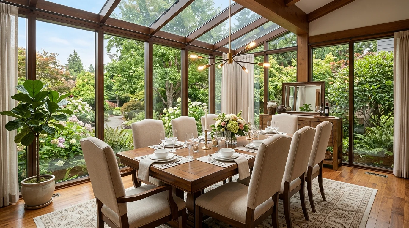 Elegant dining sunroom with glass walls, wood table, upholstered chairs, pendant lighting, and garden views.