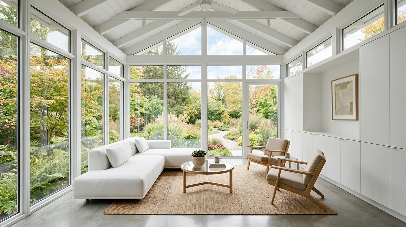 Minimalist four-season sunroom with white interior, low-profile seating, hidden storage, and expansive glass panels.