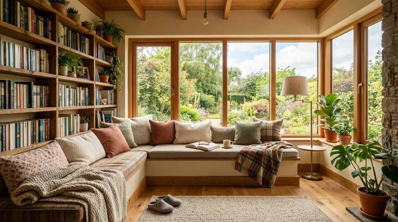Cozy reading sunroom with built-in bench, bookshelves, soft cushions, warm lighting, and insulated glass.