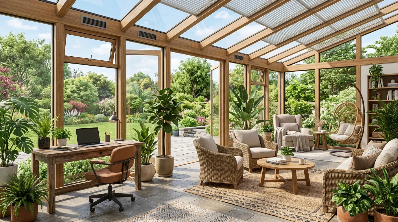 Multi-purpose four-season sunroom with lounge area, work corner, greenery, and flexible climate-controlled layout.