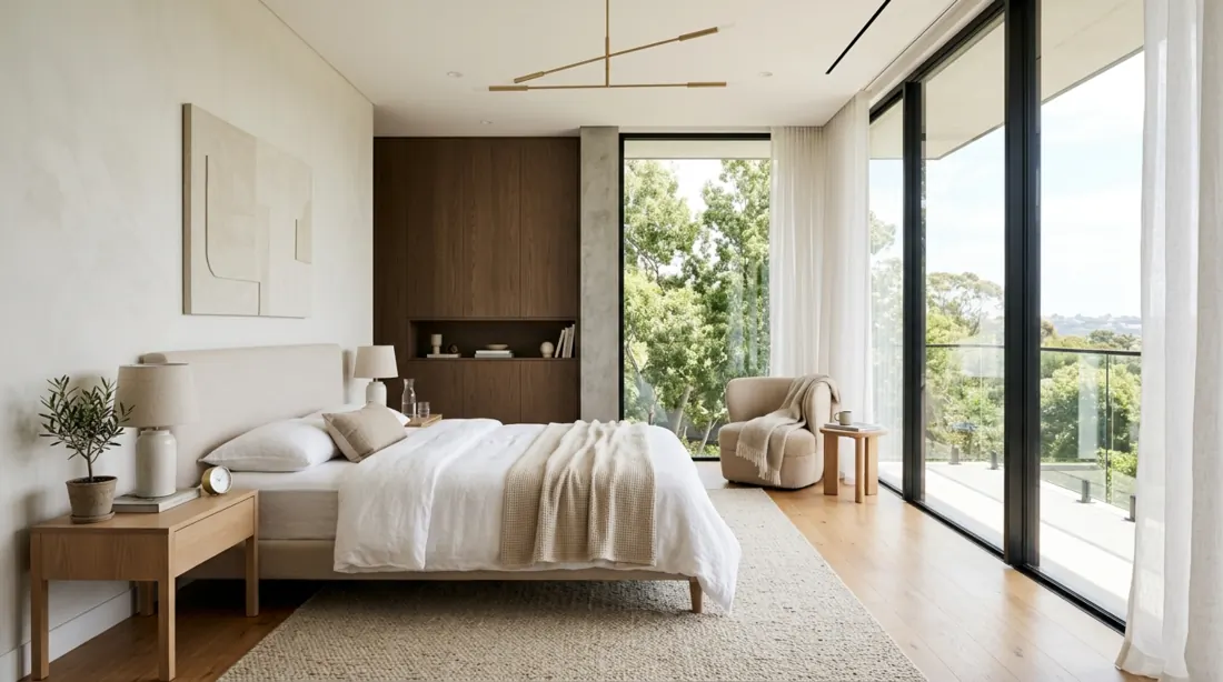 Cozy baby nursery with beige tones, knitted blankets, wooden crib, and floating shelves.