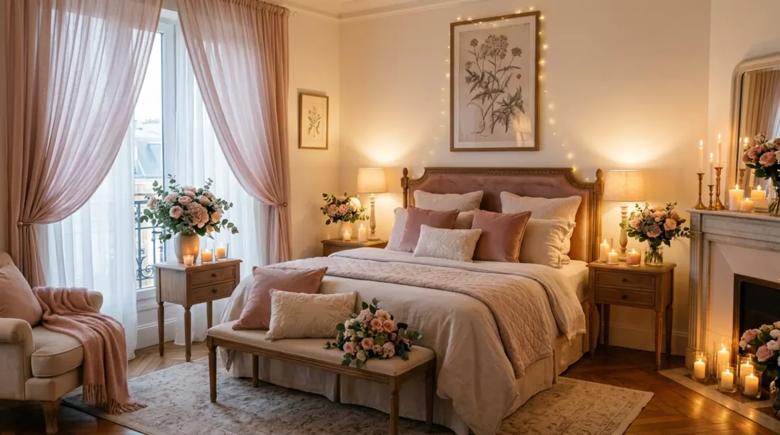 Cottage-style nursery with floral wallpaper, vintage crib, and lace curtains.