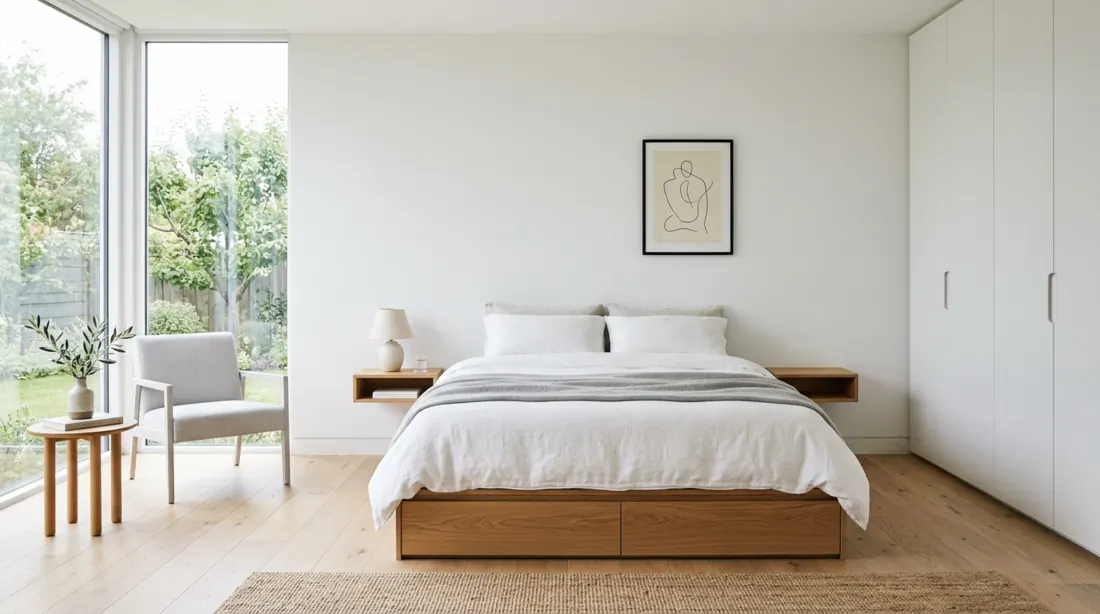 Minimal nursery with white walls, simple crib, subtle decor, and bright daylight.