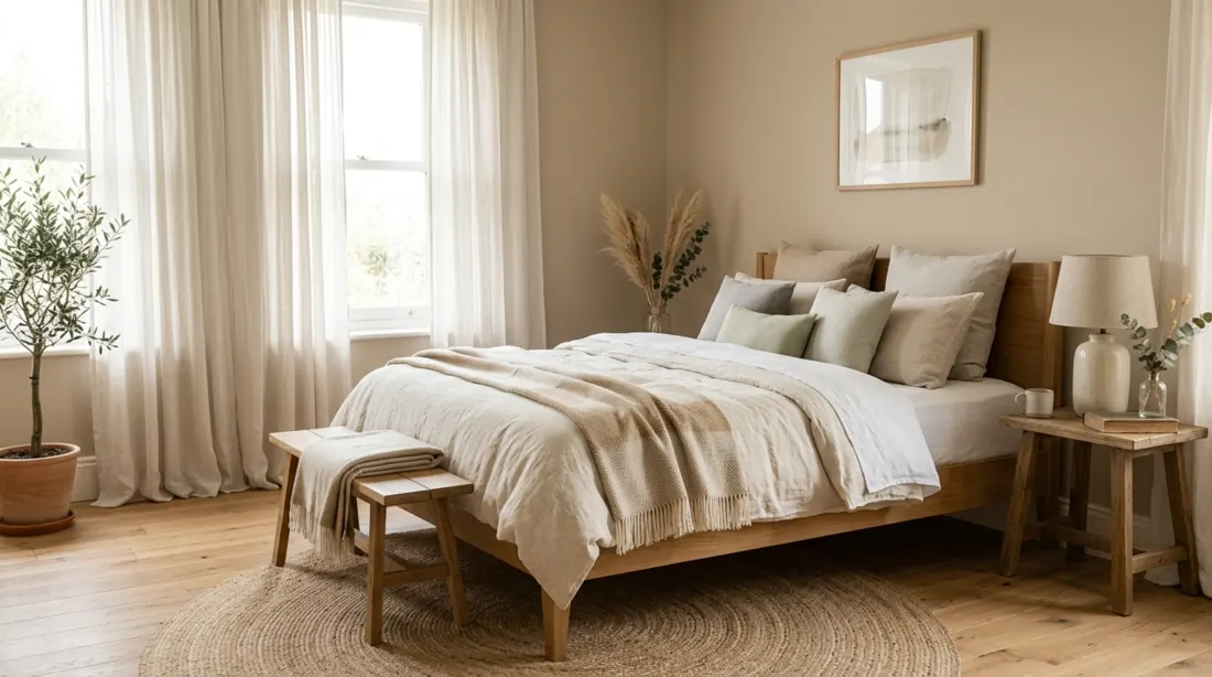 Farmhouse nursery with reclaimed wood crib, neutral bedding, and rustic decor.