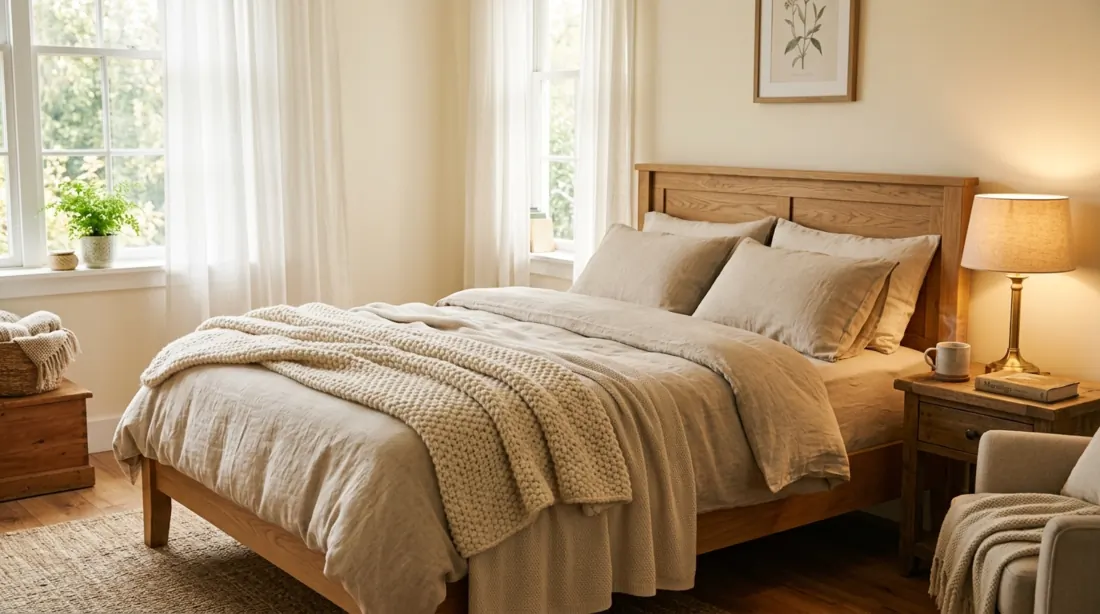 Warm cozy bedroom with beige layered bedding, knit blankets, wood bed frame, and soft lamp glow.