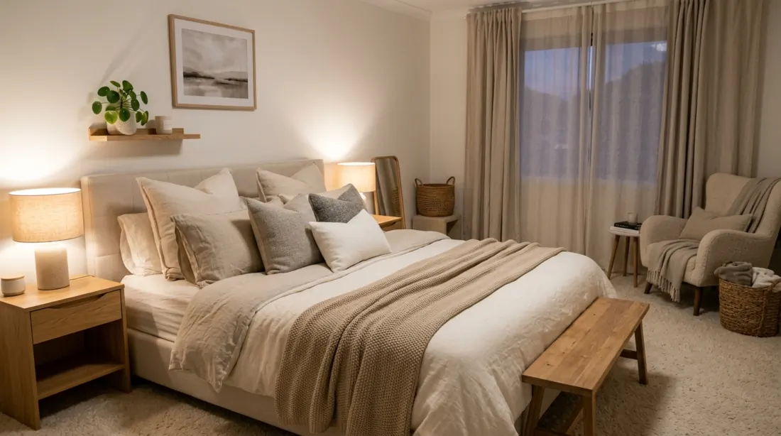 Cozy bedroom with neutral tones, plush carpet, oversized pillows, and ambient lighting.