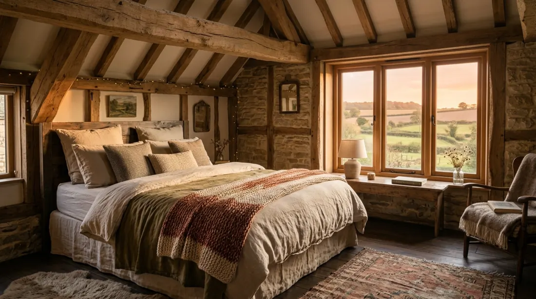 Rustic cozy bedroom with exposed beams, linen bedding, wool textures, and sunset light.