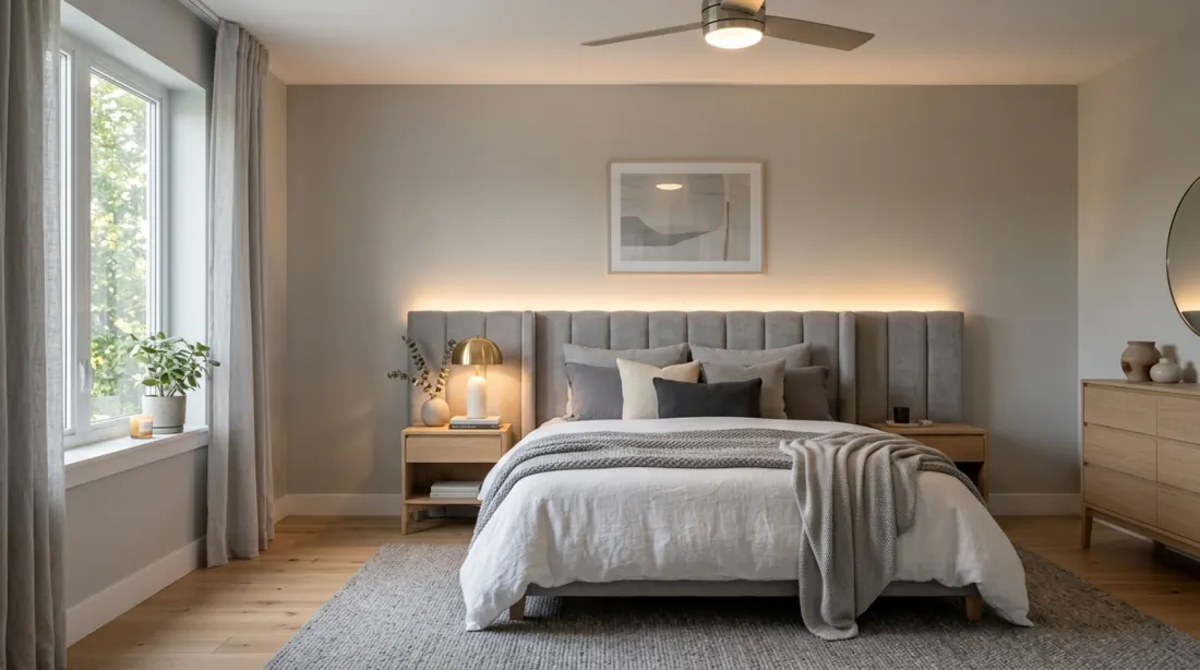 Modern cozy bedroom with gray palette, upholstered headboard, and warm LED lighting.