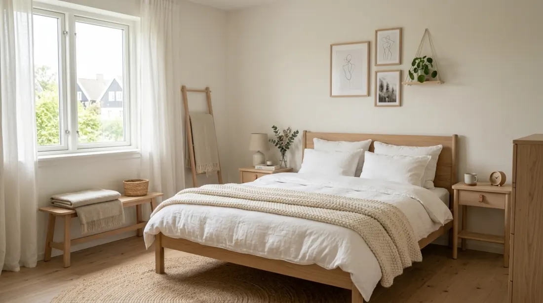 Scandinavian cozy bedroom with light wood furniture, white bedding, and airy daylight.