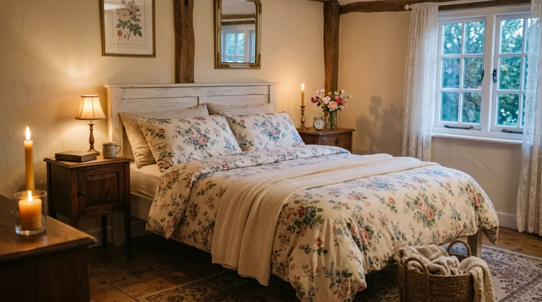 Cottage-style cozy bedroom with floral linens, vintage bedside tables, and candlelight.