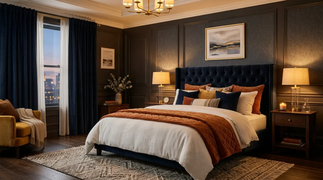 Luxury cozy bedroom with velvet headboard, plush bedding, and golden ambient lighting.