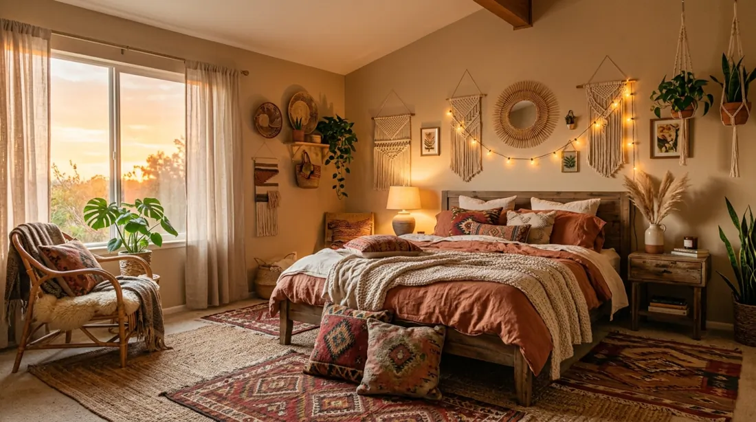 Bohemian cozy bedroom with layered rugs, woven wall hangings, earthy tones, and string lights.