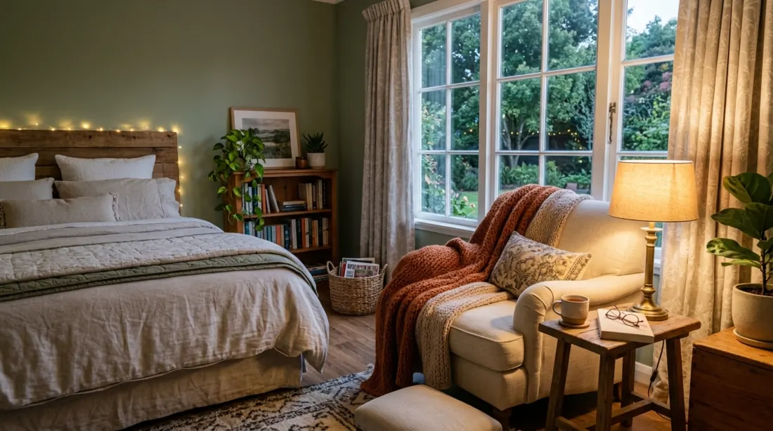 Cozy bedroom with reading nook, armchair by the window, throw blanket, and lamp lighting.