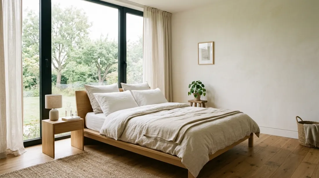 Minimal cozy bedroom with platform bed, neutral linens, uncluttered layout, and natural light.