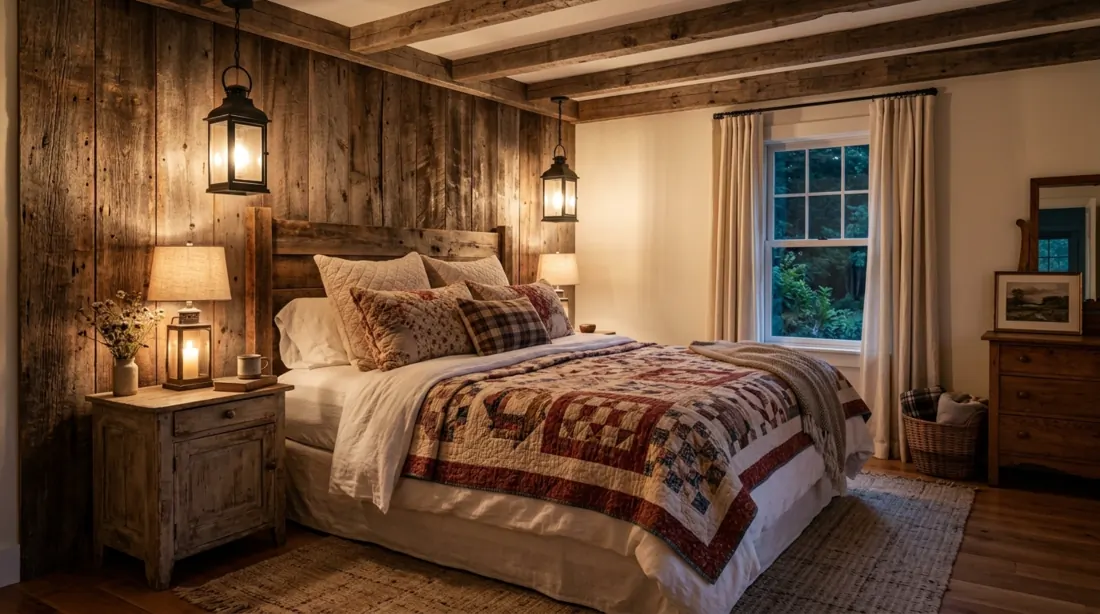 Farmhouse cozy bedroom with reclaimed wood, quilted bedding, and lantern lighting.