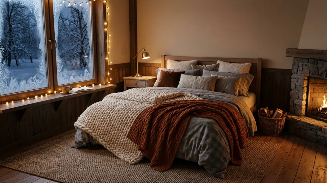 Cozy winter bedroom with thick blankets, knitted textures, fireplace glow, and frosted windows.
