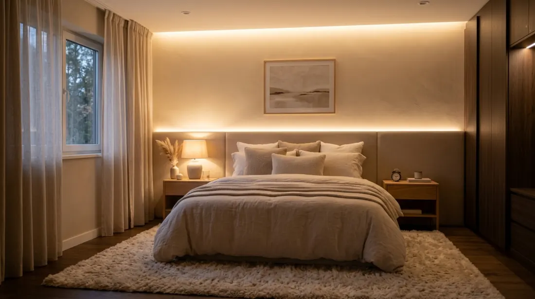 Modern cozy bedroom with soft beige palette, hidden lighting, plush rug, and warm glow.