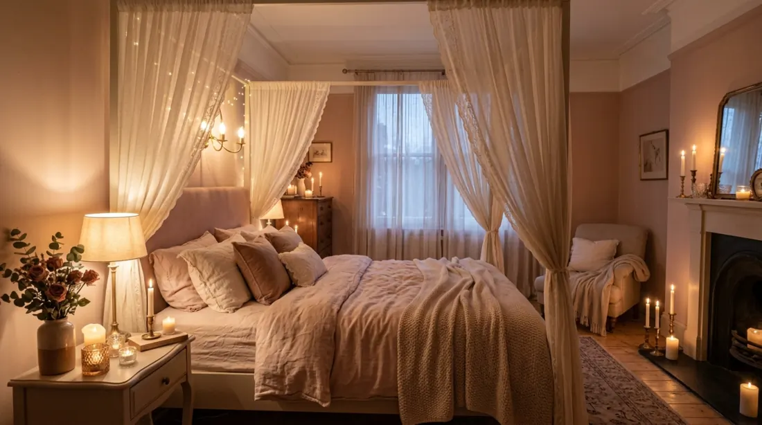 Romantic cozy bedroom with blush tones, candles, curtains, and dreamy warm lighting.