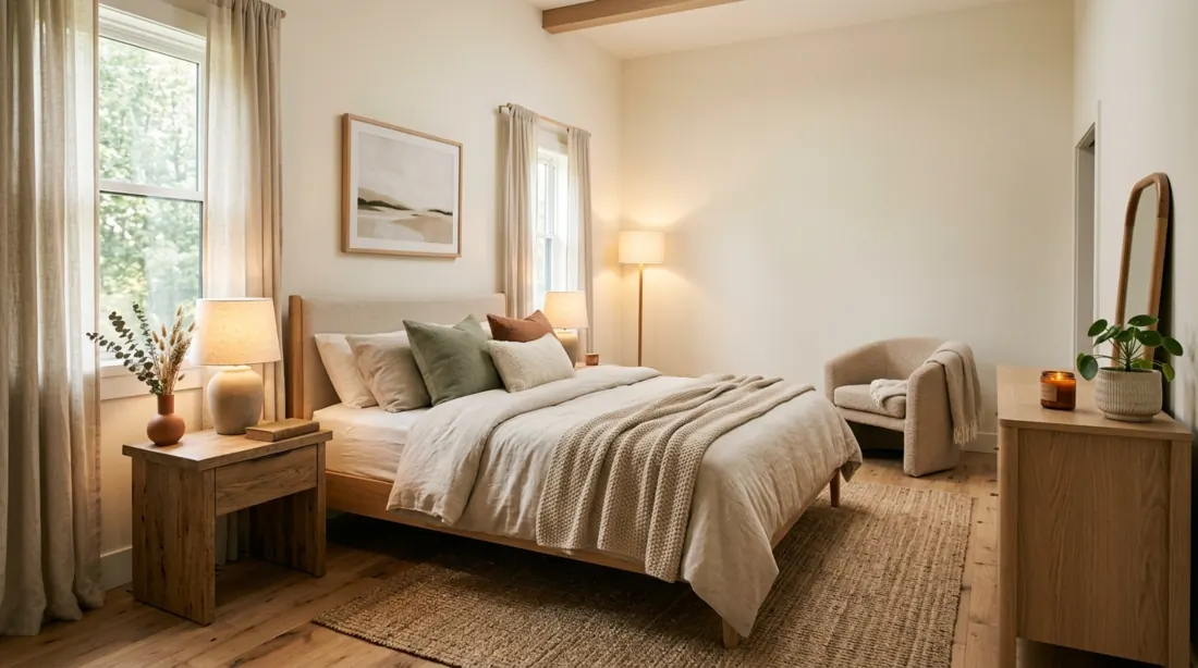 Serene cozy bedroom with earthy tones, natural textures, and layered soft lighting.
