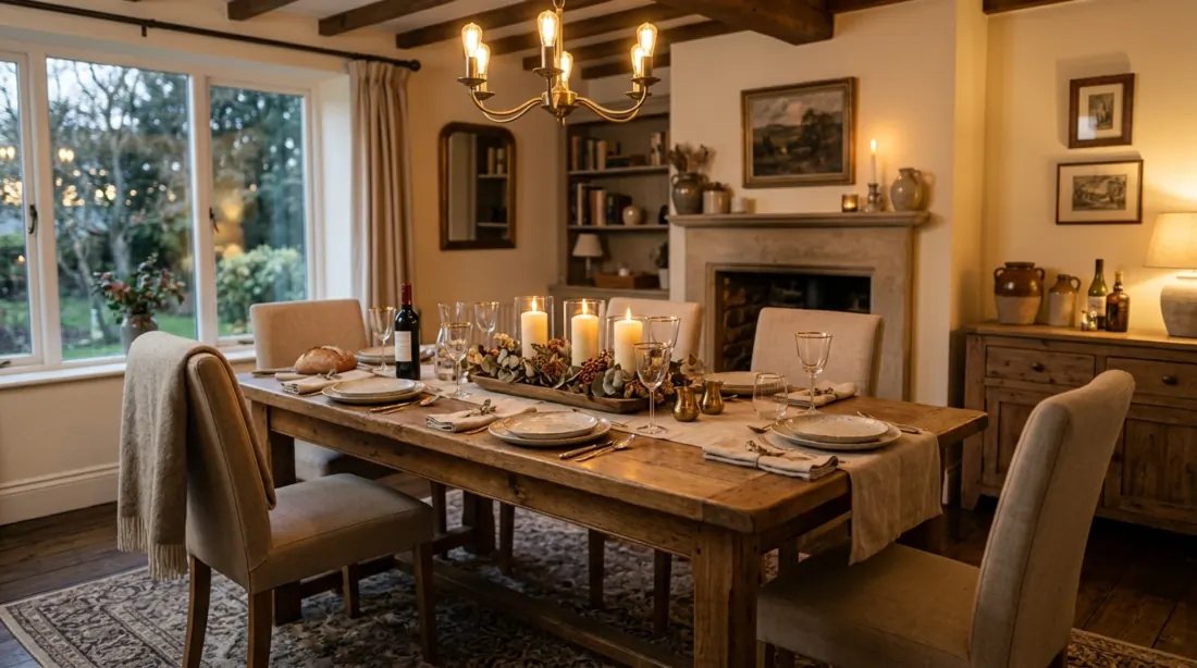 Warm cozy dining room with farmhouse table, upholstered chairs, candles, textiles, and golden light.