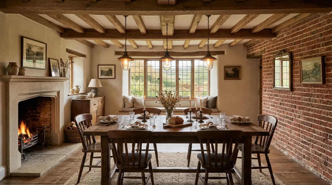 Rustic dining room with wood beams, brick wall, large table, and pendant lighting.