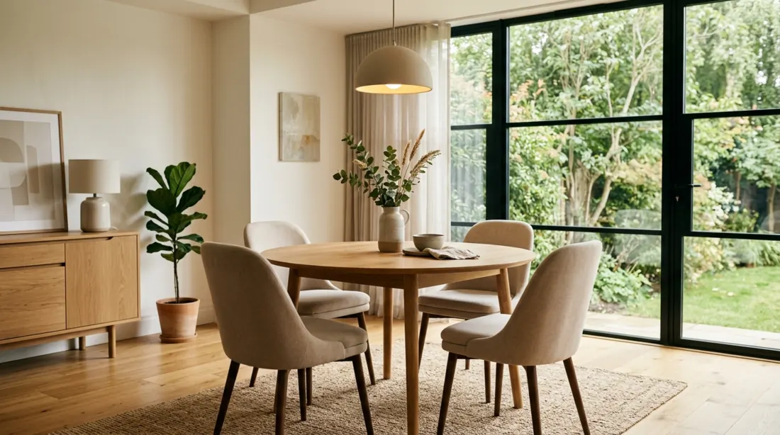 Modern cozy dining room with round wood table, beige chairs, minimal decor, and window light.