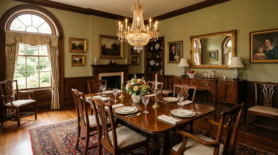 Traditional dining room with wood furniture, patterned rug, chandelier, and warm lighting.