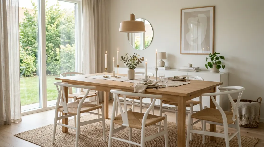 Scandinavian dining room with light wood table, white walls, simple decor, and candles.