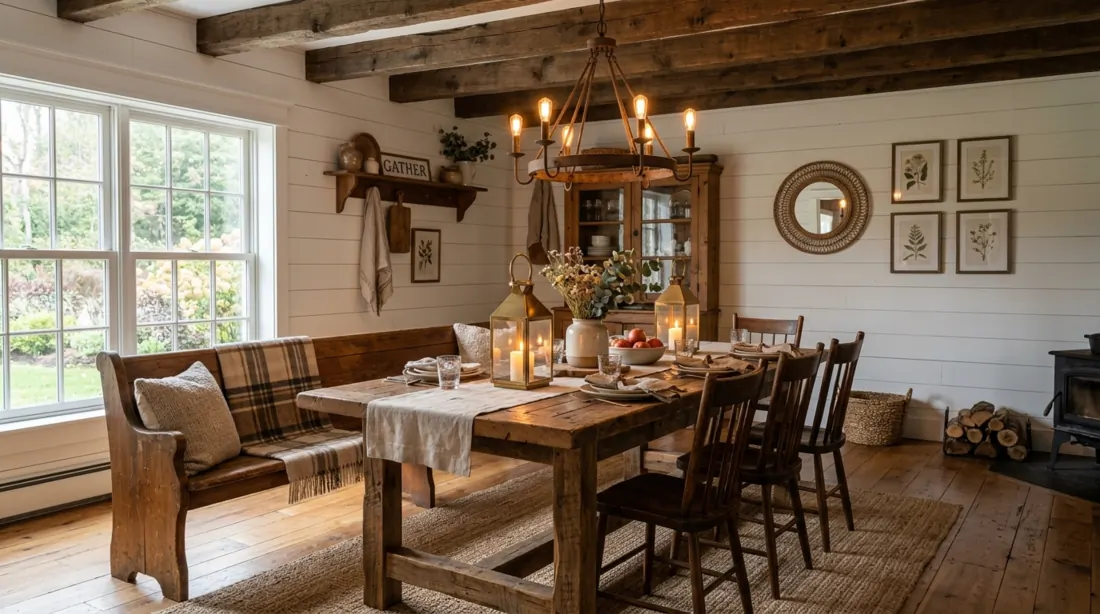 Farmhouse dining room with shiplap, rustic table, bench seating, and lanterns.