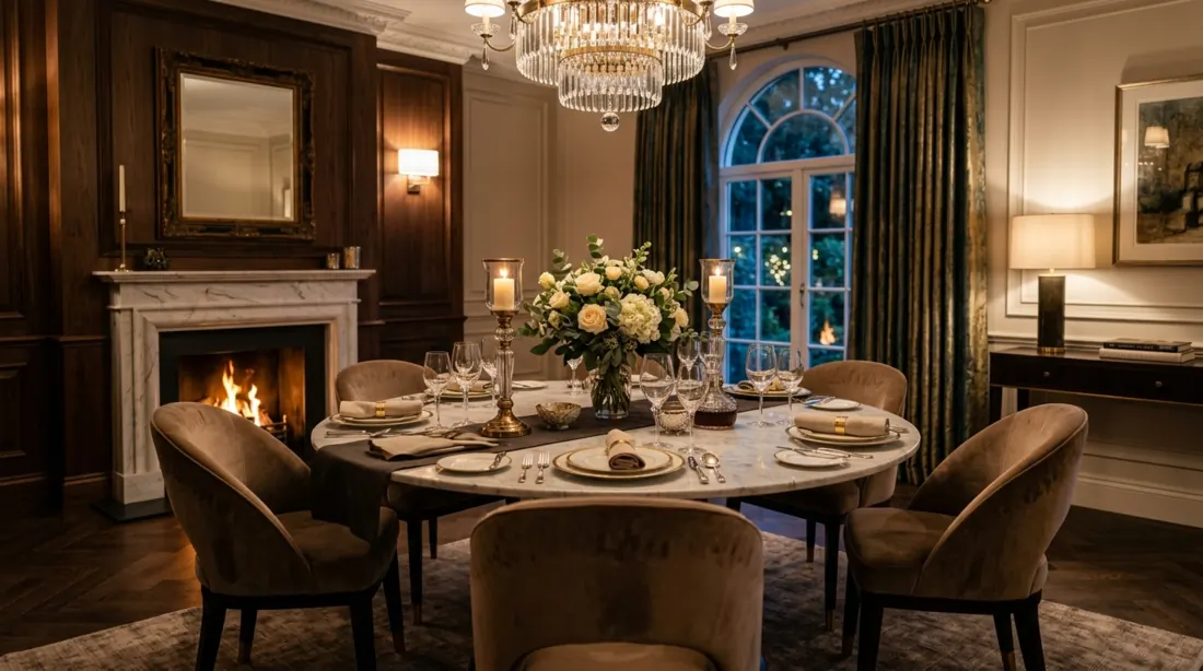 Luxury cozy dining room with upholstered chairs, marble accents, and golden lighting.