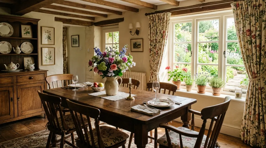 Cottage dining room with floral curtains, antique wood table, flowers, and warm sun.