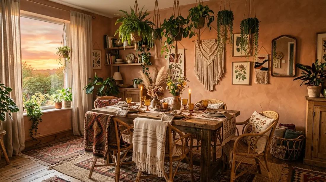 Bohemian dining room with textiles, rattan chairs, earthy tones, plants, and sunset light.