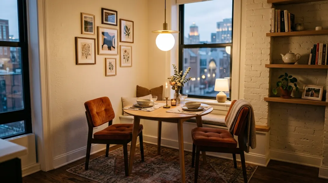 Compact dining nook with small round table, cushioned chairs, and warm lighting.