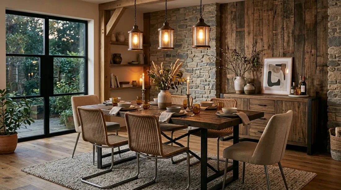 Rustic modern dining room with wood and metal table, pendant lights, and textured walls.