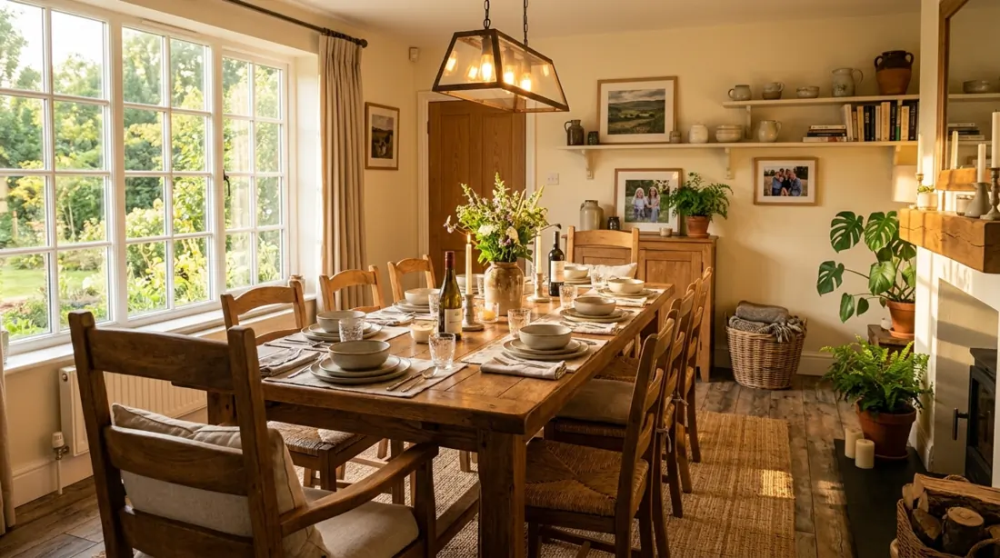 Family dining room with large wood table, comfortable seating, and warm sunlight.