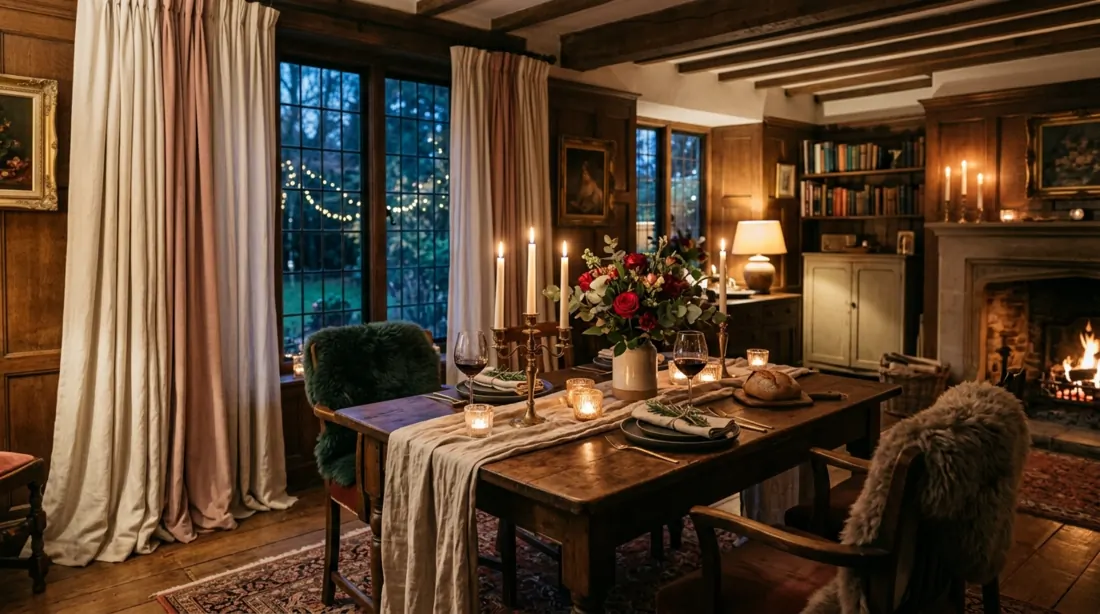Romantic dining room with candles, draped curtains, wood tones, and intimate setting.