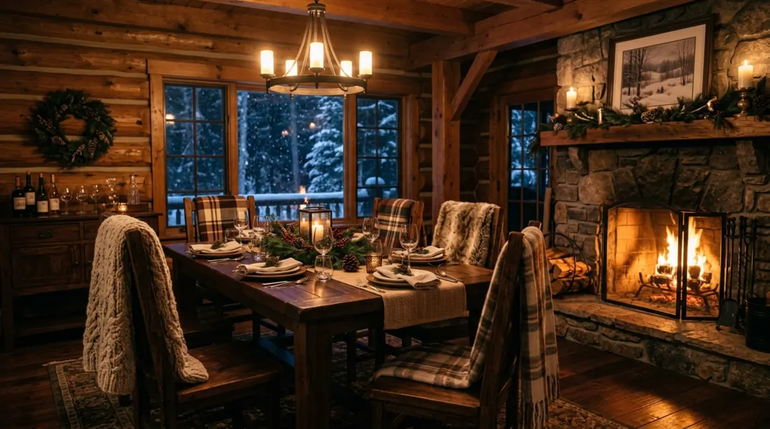 Cozy winter dining room with blankets on chairs, fireplace, rustic table, and amber light.