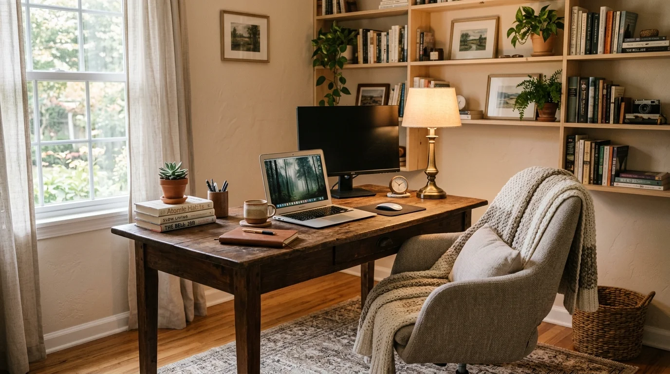 Warm cozy home office with wooden desk, beige walls, plush chair, knit throw, and soft table lamp lighting.