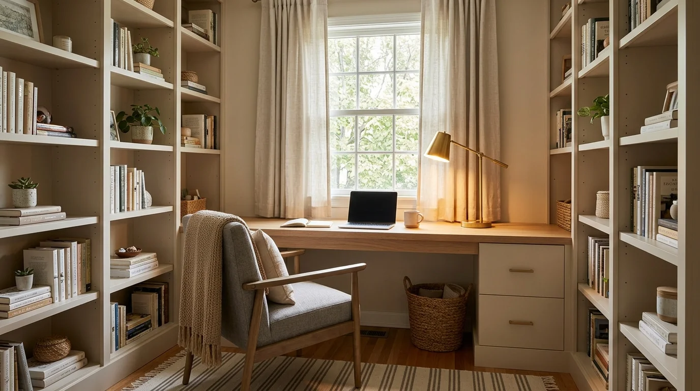 Compact cozy office nook with built-in window desk, cushioned chair, bookshelves, and warm golden lighting.