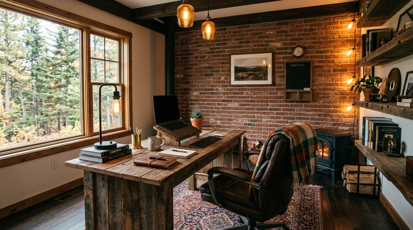 Rustic cozy office with reclaimed wood desk, exposed brick wall, leather chair, and warm Edison bulb glow.