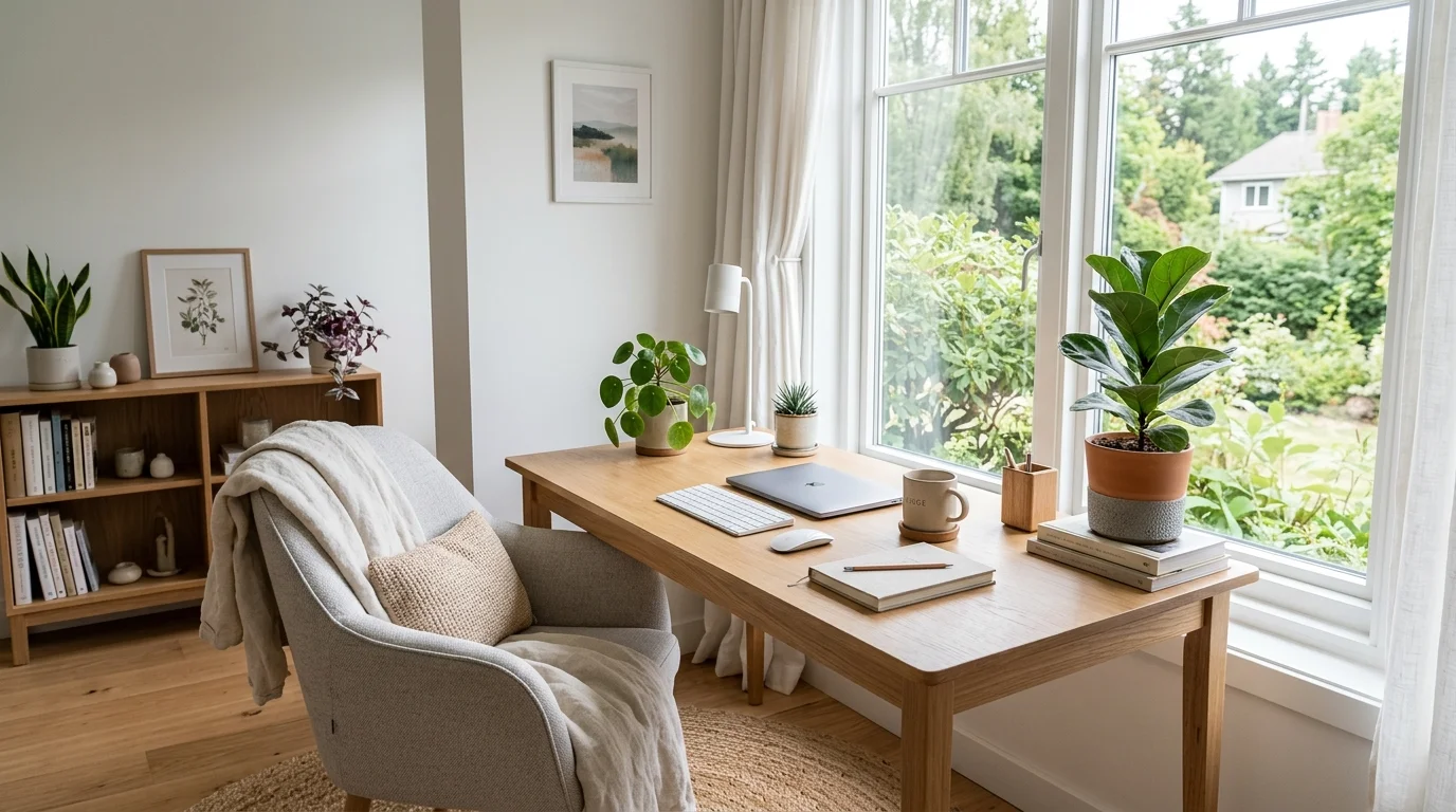 Scandinavian cozy workspace with light oak desk, white walls, linen textiles, plants, and bright natural daylight.