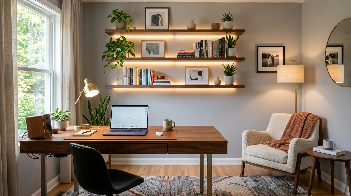 Modern warm office with walnut desk, gray walls, floating shelves, ambient LED light, and comfortable armchair.