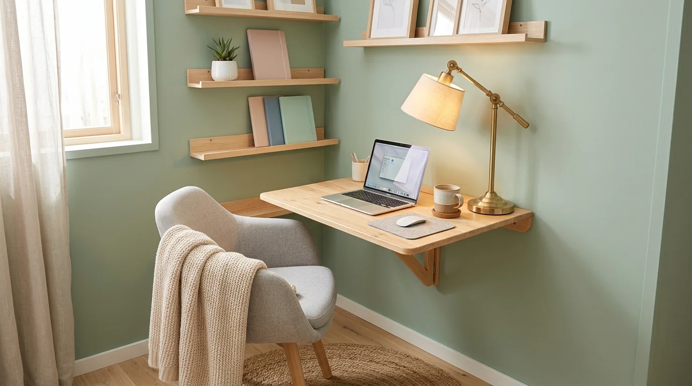 Small cozy office corner with foldable desk, wall storage, pastel tones, and warm desk lamp light.