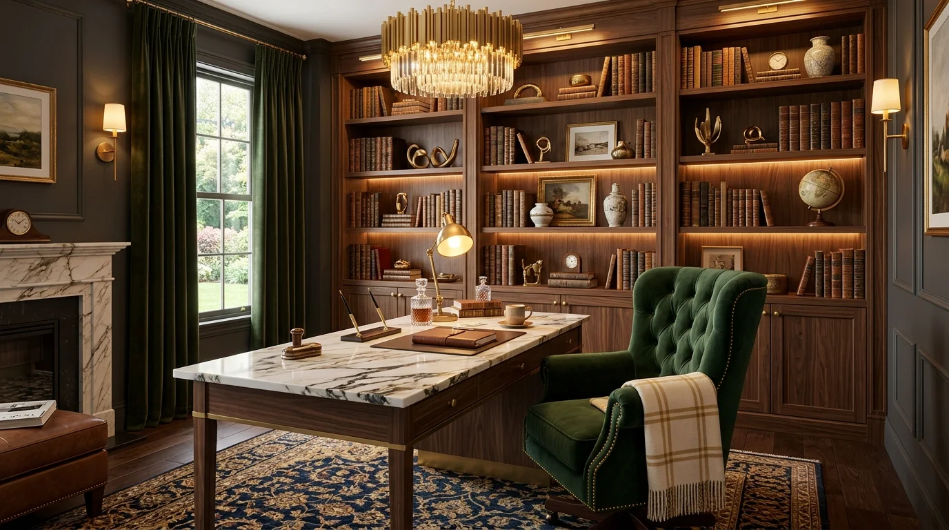 Luxury cozy home office with velvet chair, marble desk, gold lighting, bookshelves, and rich layered textures.
