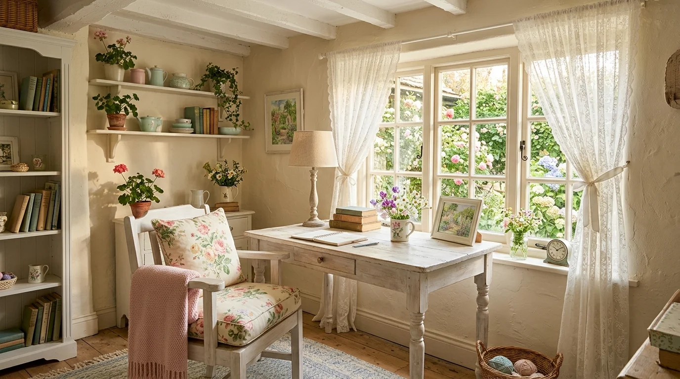 Cottage-style office with whitewashed furniture, floral cushions, lace curtains, and warm natural daylight.