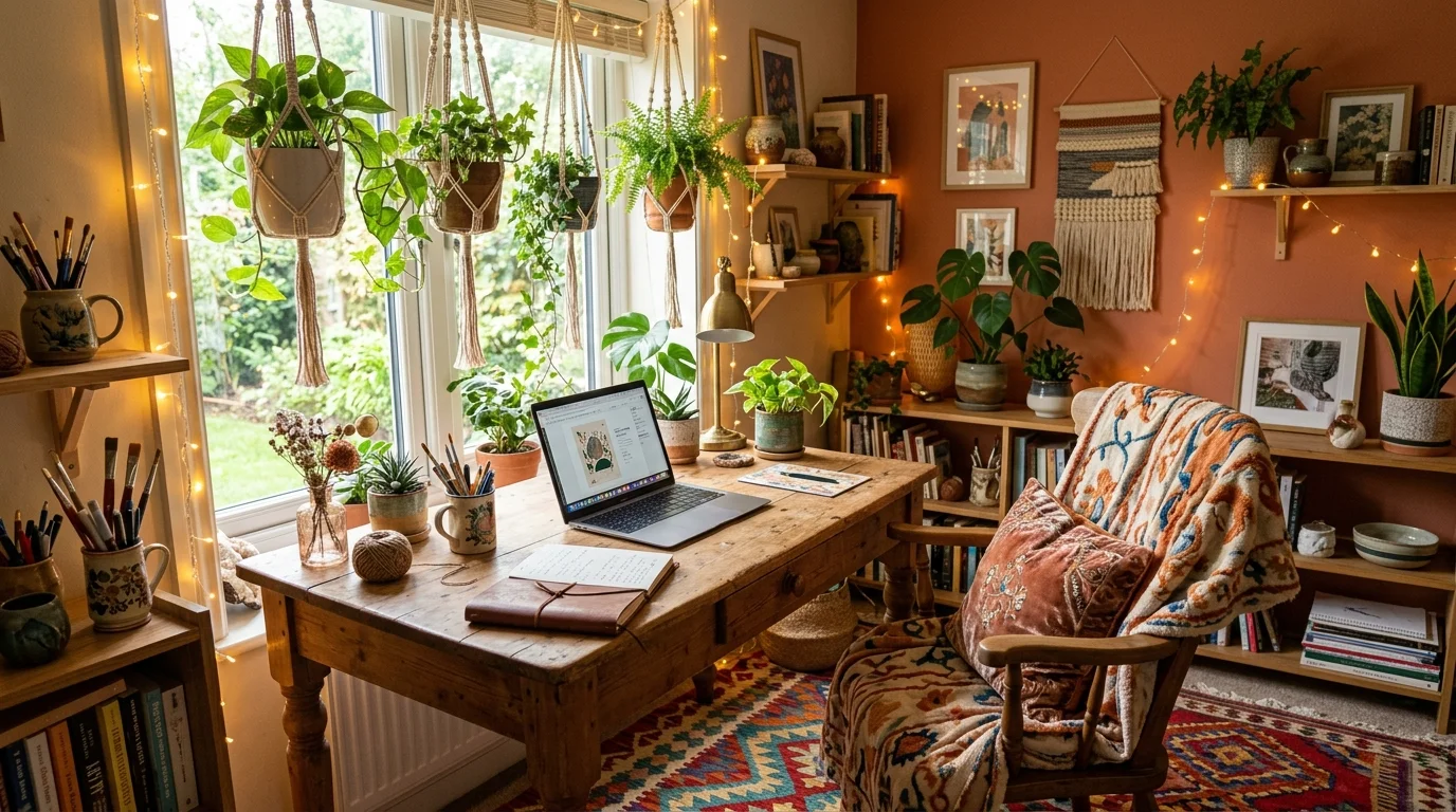 Bohemian cozy office with wooden desk, rugs, hanging plants, fairy lights, and soft layered textiles.