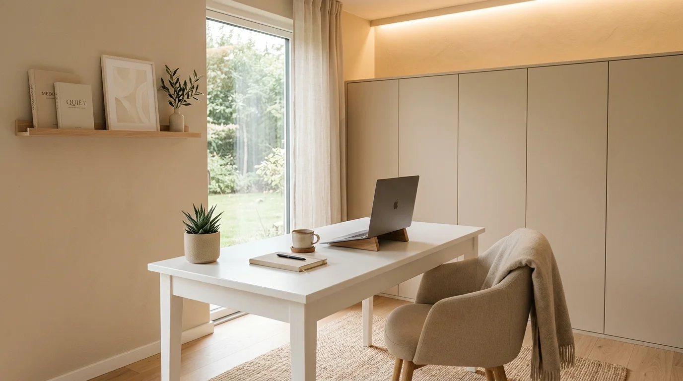 Minimal cozy office with white desk, beige palette, hidden storage, and warm indirect lighting.