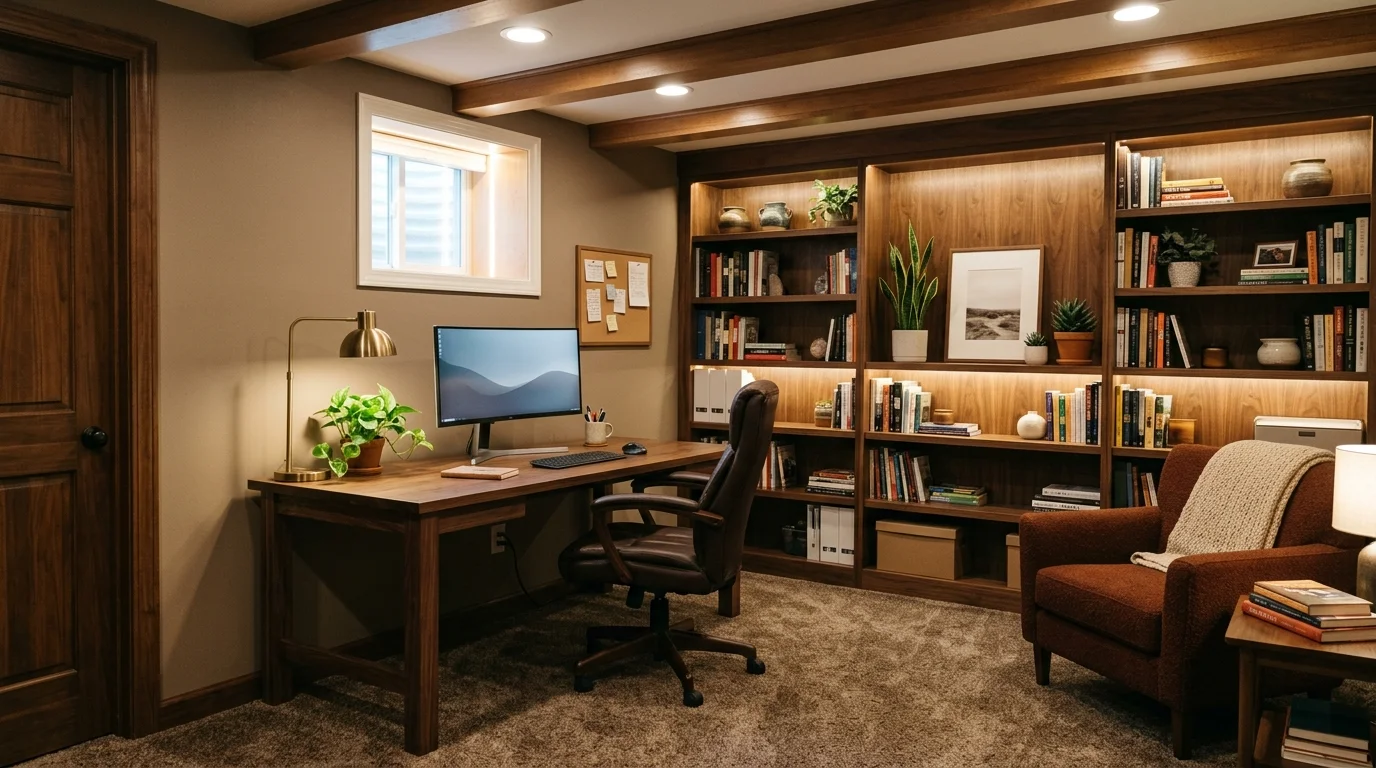 Basement cozy office with warm wood accents, soft carpet, shelving, and layered private lighting.